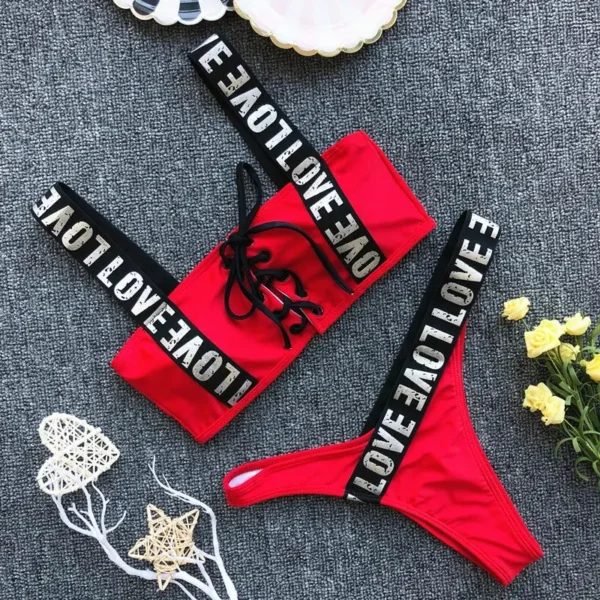 Sexy Red Bikini Set 2024 New Women Letter lace up Bandage Low Waist Swimwear Padded Push Up Swimsuit Beach Bathing Suit Swimming