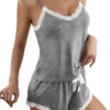 Summer Women Pajama Set Sleeveless Vest Shorts Sexy Lace Contrast Color Tank Top Loose Shorts Pajama for Women Nightwear - Image 3