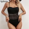 VigoBeviya 2024 Sexy Black Strapped Swimwear Women Push UP Lace Hollow One Piece Swimsuit Monokini Backless Summer Bathing Suit - Image 2