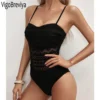 VigoBeviya 2024 Sexy Black Strapped Swimwear Women Push UP Lace Hollow One Piece Swimsuit Monokini Backless Summer Bathing Suit - Image 4