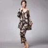 Women's Silk Satin Pajamas Set 3 Pcs Floral Silky Pj Sets Sleepwear Cami Nightwear with Robe and Pant - Image 2