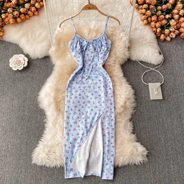 YuooMuoo Chic Fashion Sexy Split Bodycon Dress Women Summer Floral Print Cami Long Dress Korean Lady Streetwear Outfits Sundress