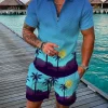 Hawaiian Men Polo Set Lapel Zipper Shirt Short Pants 2 Piece Summer Beach Outfits Coconut Tree 3D Printed Oversized Casual Suit - Image 3