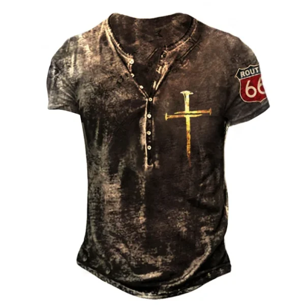 Vintage Men's T Shirts Jesus 66 Route Print V-neck Button Short Sleeve Tops Tee Gothic Punk Streetwear Oversized Man Clothing