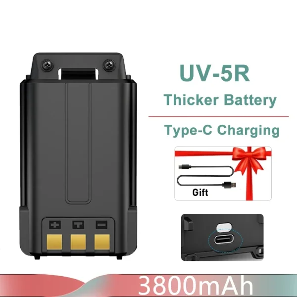 Baofeng UV 5R Battery Type-C Charger Thicker 3800mAh BL-5 For Walkie Talkie Radio UV-5RC UV-5RE BF-F8 BF-F8HP GT-5R BF-F9 UV-5X3