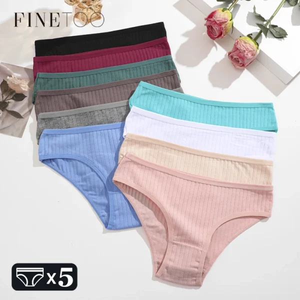 FINETOO 5PCS/SET Cotton Ribbed Striped Underwear for Women Plus Size 10 Soild Colours Stretch Briefs Ladies Soft Lingerie S-7XL