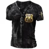 Vintage Men's T Shirts Jesus 66 Route Print V-neck Button Short Sleeve Tops Tee Gothic Punk Streetwear Oversized Man Clothing - Image 2