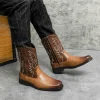 2023 Handmade Men Cowboy Boot High Quality Embroidery Western Leather Flat Boots Mid-calf Male Boots Outdoor Zipper Riding Boots - Image 3