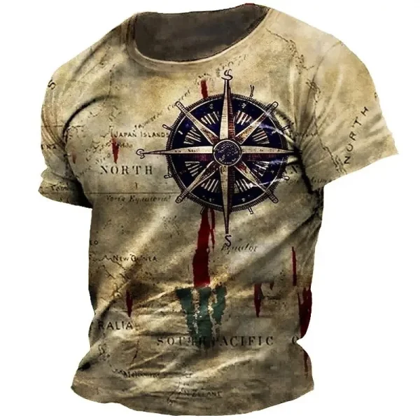 New Vintage Men's T -Shirt Navigation Compass 3d Print Short -Sleeved T -Shirt Summer Fashion British Men's Clothing Streetwear