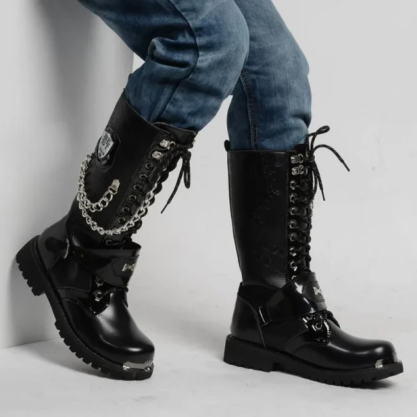 Men's Leather Motorcycle Boots Fashion Chain Mid-calf Platform Boots Gothic Belt Punk Boots for Men Designer Biker Boots Men