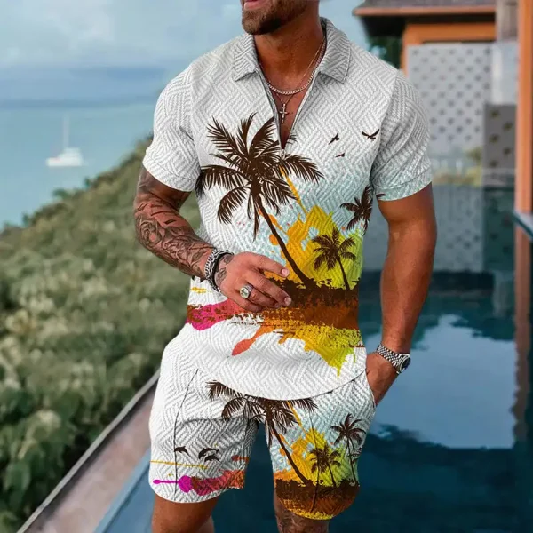 Hawaiian Men Polo Set Lapel Zipper Shirt Short Pants 2 Piece Summer Beach Outfits Coconut Tree 3D Printed Oversized Casual Suit