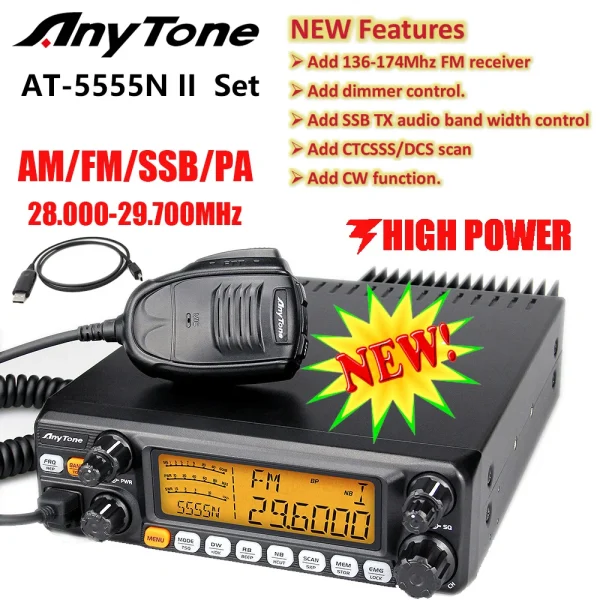 AnyTone AT-5555N II 28.000-29.700MHz 10 Meter Radio 40 Channel Mobile Transceiver AM/FM/SSB/LSB/USB Mode 10 Meter Radio