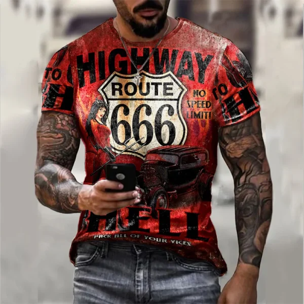 2023 Summer Men's T-shirt Route 666 3D Printed Short Sleeve Fashion Oversized Loose Tops Tees O-Neck Casual Retro Men Clothing