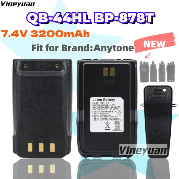 7.4V 3200mAh QB-44HL BP-878T Li-ion Battery with Belt Clip for Anytone AT-D878UV Plus D878UV D868UV D858 BTECH DMR-6X2 Radio