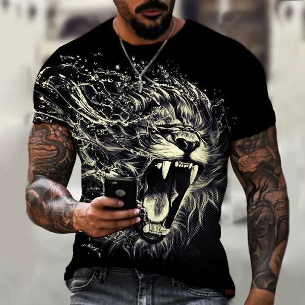 Lion Printed T-Shirt Men Summer Casual Man Tees Vintage Round Neck Animal Tops Black Short Sleeve Hip Hop Oversized Streetwear