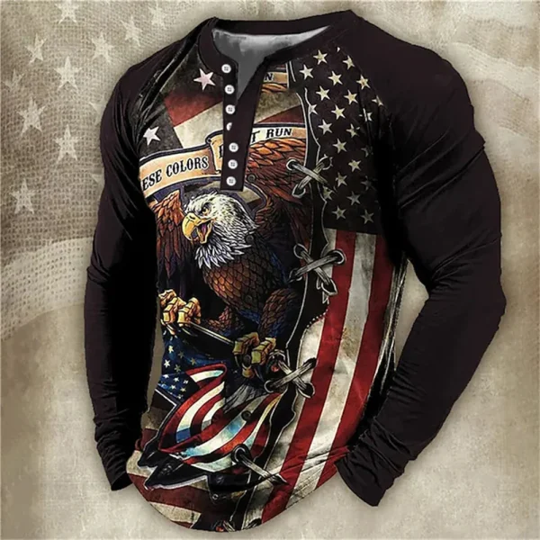 Men's Long Sleeve T Shirts 3d Eagles Print Usa T-shirt Tops Button Vintage Tees Casual Harajuku Streetwear Fashion Male Clothing