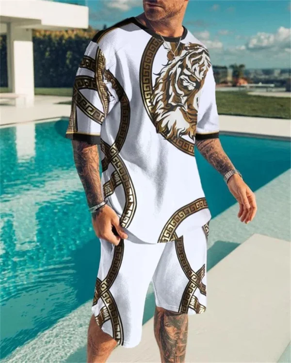 New T-shirt Shorts 2 Piece Suit Summer Tracksuit Set Short Sleeve Animal Tiger Printed Oversized Men's Trend Casual Beach Style