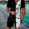 Hawaiian Men Polo Set Lapel Zipper Shirt Short Pants 2 Piece Summer Beach Outfits Coconut Tree 3D Printed Oversized Casual Suit - Image 2