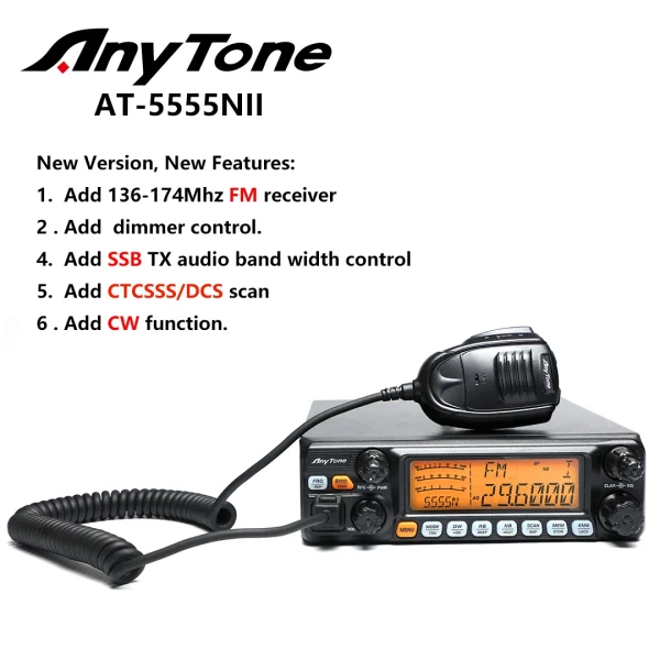 AnyTone AT-5555N II 28.000-29.700MHz Radio CTCSS/DCS CW SSB 40 Channel Mobile Transceive High Power Output 60W AM PEP SSB 50W FM